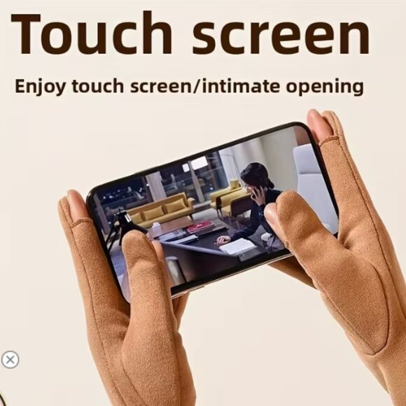 Women's Beautiful Faux Suede Thermal Touchscreen Gloves w/ Silky Lining in Camel - Picture 3 of 6